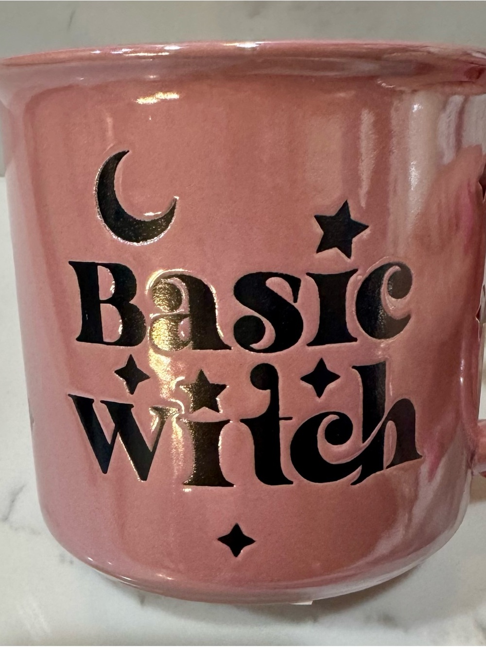 Happy Haunting Halloween Pink Aura Coffee Mug “Basic Witch” Moon Stars Dual Side - Picture 3 of 6